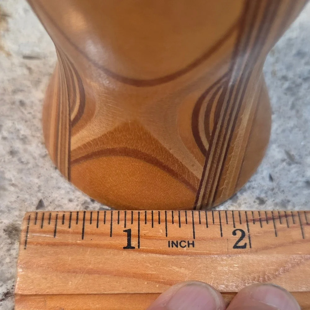 Vintage MCM Laminated Wood Bud Vase Glass Insert Artisan Turned Wood Decor 8.5
